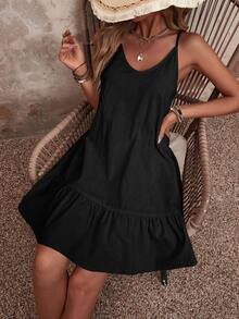 EMERY ROSE Solid Ruffle Hem Cami Dress Vacation Beach Outfits Women - Black - View 6