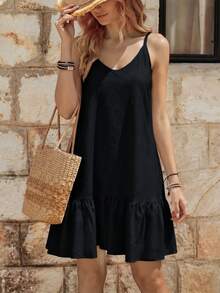 EMERY ROSE Solid Ruffle Hem Cami Dress Vacation Beach Outfits Women - Black - View 3