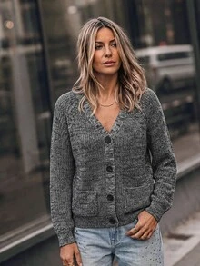 SHEIN LUNE Women's Simple Casual Design Cardigan,Long Sleeve Tops Fall Winter Cloth For Women - Grey - View 2