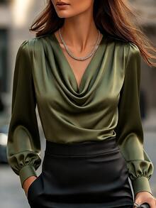 Balvessa Women's Solid Color Cowl Neck Casual Versatile Daily Wear Blouse - Dark Green - View 5
