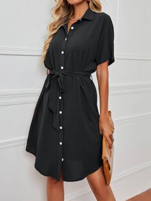EMERY ROSE Vestido camisero de manga murciélago con cinturón - Negro - Ver 4