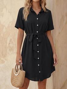 EMERY ROSE Vestido camisero de manga murciélago con cinturón - Negro - Ver 3