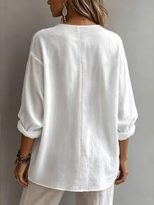 EMERY ROSE Women's Plain V-Neck Casual Daily Autumn Blouse Vacation White - White - View 2