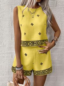 EMERY ROSE Women's Summer Holiday Graphic Print Tank Top And Shorts 2 Pieces Set Beach Holiday Light Yellow Boho - Yellow - View 6