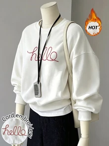 INAWLY Sweatshirt Leher Bulat Bordir Motif Hello Warna Putih Polos Gaya Minimalis Musim Gugur/Dingin, Atasan Pullover Lengan Panjang Bahu Jatuh Longgar dengan Manset Bergaris, Lapisan Dasar Kasual Serbaguna untuk Perjalanan Harian di Kampus - Putih - View 3