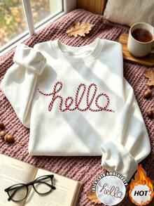 INAWLY Sweatshirt Leher Bulat Bordir Motif Hello Warna Putih Polos Gaya Minimalis Musim Gugur/Dingin, Atasan Pullover Lengan Panjang Bahu Jatuh Longgar dengan Manset Bergaris, Lapisan Dasar Kasual Serbaguna untuk Perjalanan Harian di Kampus - Putih - View 4