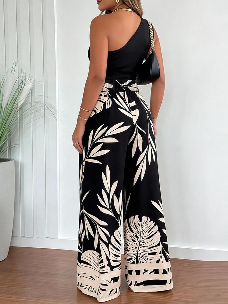 EMERY ROSE Casual Vacation Fitted One Shoulder Floral Print Loose Jumpsuit For Women - Black - View 2