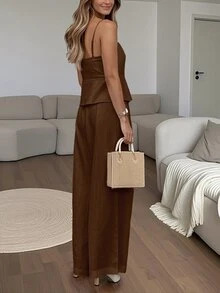 EMERY ROSE Setelan Wanita Polos Warna-warni, Model Camisole Kancing Tunggal dan Celana Panjang Lebar, Gaya Kasual Eropa Tropis 2 Potong, Cocok untuk Brunch, Liburan, dan Musim Panas, Warna Cokelat Tua - Coffee Brown - View 2