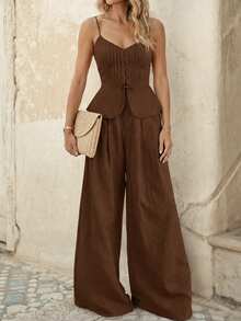 EMERY ROSE Setelan Wanita Polos Warna-warni, Model Camisole Kancing Tunggal dan Celana Panjang Lebar, Gaya Kasual Eropa Tropis 2 Potong, Cocok untuk Brunch, Liburan, dan Musim Panas, Warna Cokelat Tua - Coffee Brown - View 3