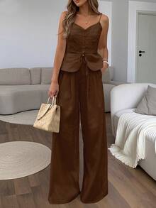 EMERY ROSE Setelan Wanita Polos Warna-warni, Model Camisole Kancing Tunggal dan Celana Panjang Lebar, Gaya Kasual Eropa Tropis 2 Potong, Cocok untuk Brunch, Liburan, dan Musim Panas, Warna Cokelat Tua - Coffee Brown - View 5