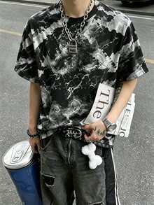 Manfinity Dauomo Men's Loose Marble Pattern Crew Neck Short Sleeve T-Shirt, Casual Grunge Streetwear Street Style Black And White Striped Summer Rave Party Holiday - White - View 4