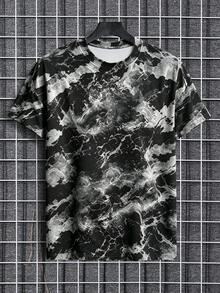 Manfinity Dauomo Men's Loose Marble Pattern Crew Neck Short Sleeve T-Shirt, Casual Grunge Streetwear Street Style Black And White Striped Summer Rave Party Holiday - White - View 3