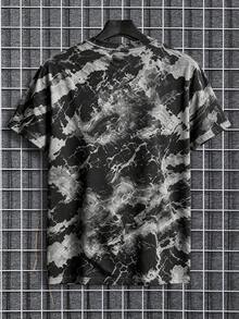 Manfinity Dauomo Men's Loose Marble Pattern Crew Neck Short Sleeve T-Shirt, Casual Grunge Streetwear Street Style Black And White Striped Summer Rave Party Holiday - White - View 2