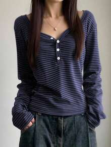 EMERY ROSE Women's Casual Striped Long Sleeve T-Shirt, Autumn - Blue - View 1