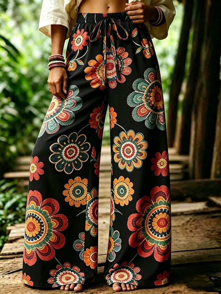 Selamara Bohemian Style Coffee Color Daisy Faux Embroidery Long Pants, Summer Vintage Pastoral High Waist Elastic Waist Loose Draped Wide Leg Pants - Multicolor - View 4