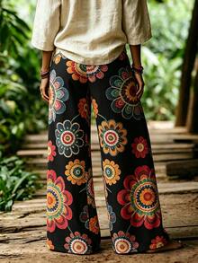 Bytebia Bytebia Bohemian Style Coffee Color Daisy Faux Embroidery Long Pants, Summer Vintage Pastoral High Waist Elastic Waist Loose Draped Wide Leg Pants - Multicolor - View 2