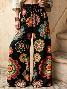 Bytebia Bytebia Bohemian Style Coffee Color Daisy Faux Embroidery Long Pants, Summer Vintage Pastoral High Waist Elastic Waist Loose Draped Wide Leg Pants - Multicolor - View 3