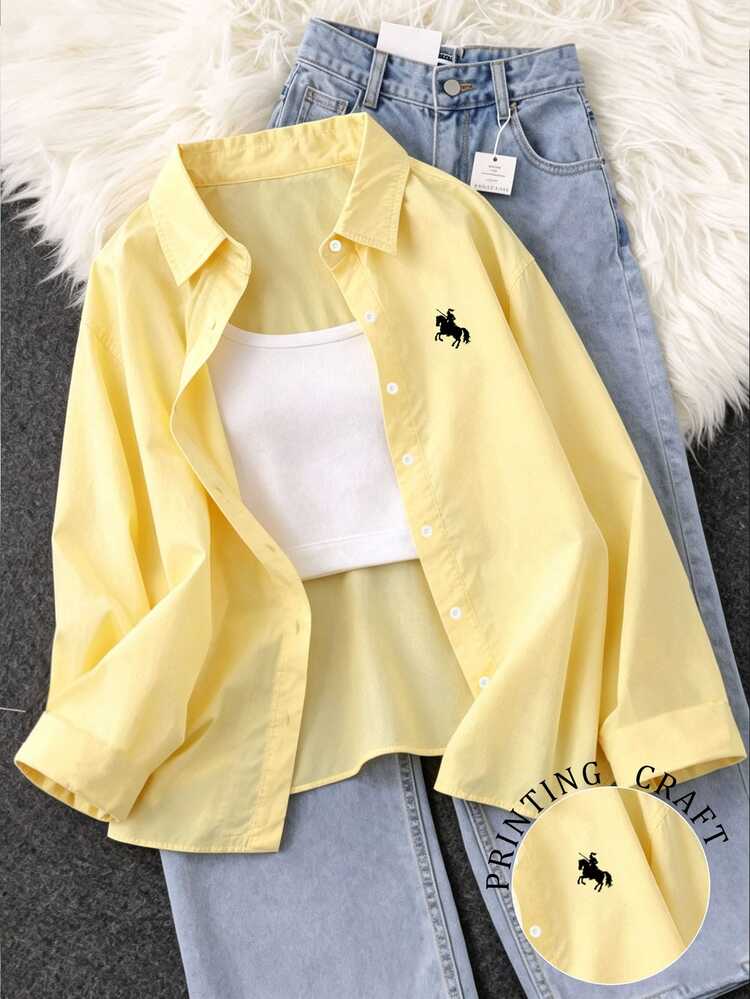 INAWLY Women's Loose Fit Equestrian Print Single-Breasted Long Sleeve Shirt - Pale Yellow - View 3