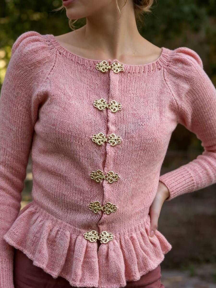 SHEIN PariChic Atasan Rajut Berenda dengan Kancing Logam, Gaya Elegan Romantis Lembut, Warna Merah Muda Pucat, Cocok untuk Brunch dan Musim Gugur. - Baby Pink - View 1