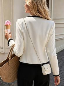 SHEIN Women's Colorblock Long Sleeve Single-Breasted Casual Elegant Overcoat Office Dinner Black And White Autumn - Mocha Brown - View 2