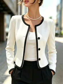 SHEIN Women's Colorblock Long Sleeve Single-Breasted Casual Elegant Overcoat Office Dinner Black And White Autumn - Mocha Brown - View 1