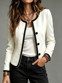 SHEIN Women's Colorblock Long Sleeve Single-Breasted Casual Elegant Overcoat Office Dinner Black And White Autumn - Mocha Brown - View 9
