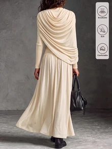 SHEIN Fiorisel Gaun Pengantin Wanita Mewah Musim Semi/Gugur Warna Polos Lengan Panjang Berlipit Asimetris dengan Pinggang Berkerut, Gaun Ekstra Panjang Elegan Minimalis untuk Tamu Pernikahan - Aprikot - View 2