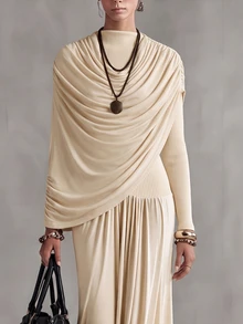 SHEIN Fiorisel Gaun Pengantin Wanita Mewah Musim Semi/Gugur Warna Polos Lengan Panjang Berlipit Asimetris dengan Pinggang Berkerut, Gaun Ekstra Panjang Elegan Minimalis untuk Tamu Pernikahan - Aprikot - View 7