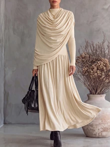 SHEIN Fiorisel Gaun Pengantin Wanita Mewah Musim Semi/Gugur Warna Polos Lengan Panjang Berlipit Asimetris dengan Pinggang Berkerut, Gaun Ekstra Panjang Elegan Minimalis untuk Tamu Pernikahan - Aprikot - View 8