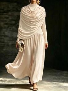 SHEIN Fiorisel Gaun Pengantin Wanita Mewah Musim Semi/Gugur Warna Polos Lengan Panjang Berlipit Asimetris dengan Pinggang Berkerut, Gaun Ekstra Panjang Elegan Minimalis untuk Tamu Pernikahan - Aprikot - View 3