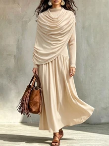 SHEIN Fiorisel Gaun Pengantin Wanita Mewah Musim Semi/Gugur Warna Polos Lengan Panjang Berlipit Asimetris dengan Pinggang Berkerut, Gaun Ekstra Panjang Elegan Minimalis untuk Tamu Pernikahan - Aprikot - View 4