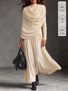 SHEIN Fiorisel Gaun Pengantin Wanita Mewah Musim Semi/Gugur Warna Polos Lengan Panjang Berlipit Asimetris dengan Pinggang Berkerut, Gaun Ekstra Panjang Elegan Minimalis untuk Tamu Pernikahan - Aprikot - View 5