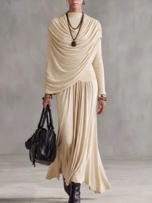SHEIN Fiorisel Gaun Pengantin Wanita Mewah Musim Semi/Gugur Warna Polos Lengan Panjang Berlipit Asimetris dengan Pinggang Berkerut, Gaun Ekstra Panjang Elegan Minimalis untuk Tamu Pernikahan - Aprikot - View 6