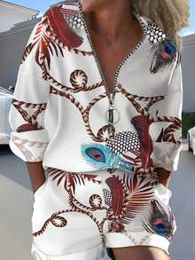 EMERY ROSE Loose Casual  Printed Vacation Women's 2pcs Set, Half-Zip Shirt And Shorts Fall Cloth For Women - Multicolor - View 1