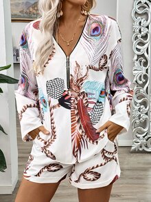 EMERY ROSE Loose Casual  Printed Vacation Women's 2pcs Set, Half-Zip Shirt And Shorts Fall Cloth For Women - Multicolor - View 8