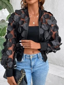 EMERY ROSE Solid Color 3D Mesh Sheer Long Sleeve Jacket - Black - View 8
