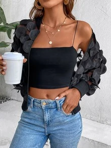 EMERY ROSE Solid Color 3D Mesh Sheer Long Sleeve Jacket - Black - View 4