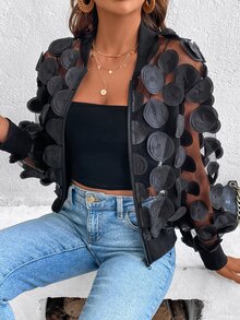 EMERY ROSE Solid Color 3D Mesh Sheer Long Sleeve Jacket - Black - View 1