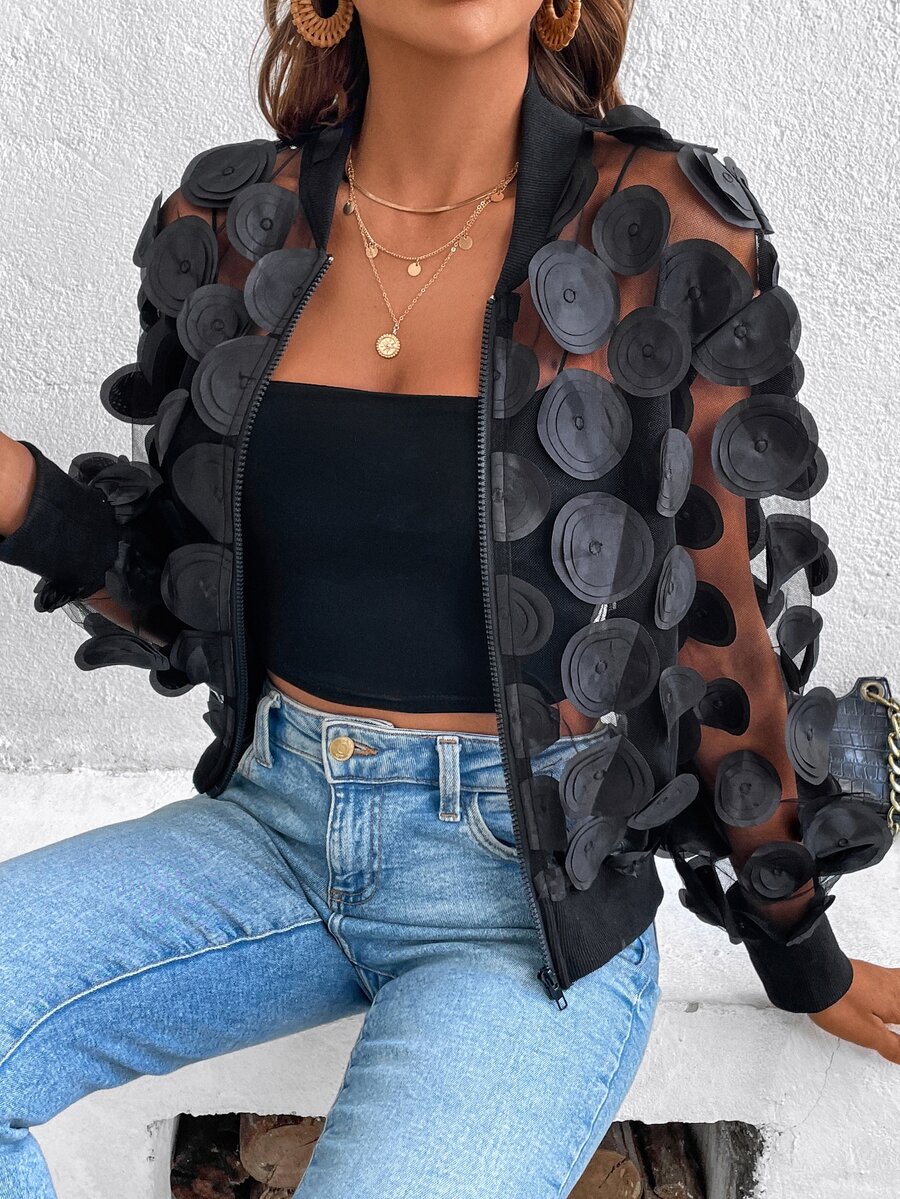 EMERY ROSE Solid Color 3D Mesh Sheer Long Sleeve Jacket - Black - View 1