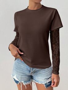 EMERY ROSE Women's Round Neck Fashion Lace See-Through Long Sleeve T-Shirt, Fall Top - Brown - View 5