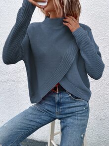 EMERY ROSE Women's Solid Color Stand Collar Long Sleeve Asymmetric Hem Casual Pullover Sweater, Autumn/Winter - Blue - View 1