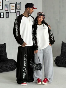 Coolane Women's Autumn Streetwear Graphic Athleisure Graphics White Long Sleeve Sweatshirt Everyday Race Day - Black and White - View 5