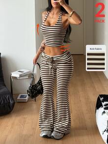 Coolane Brown Striped Knit Halter Top & Flare Pants,2pcs,Lounge Sets,Workout Set,Going Out Sets,Cute Sets,Homewear Sets,Women's Autumn 2pcs - Mocha Brown - View 5