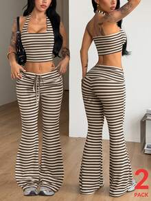 Coolane Brown Striped Knit Halter Top & Flare Pants,2pcs,Lounge Sets,Workout Set,Going Out Sets,Cute Sets,Homewear Sets,Women's Autumn 2pcs - Mocha Brown - View 7