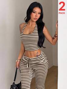 Coolane Brown Striped Knit Halter Top & Flare Pants,2pcs,Lounge Sets,Workout Set,Going Out Sets,Cute Sets,Homewear Sets,Women's Autumn 2pcs - Mocha Brown - View 3