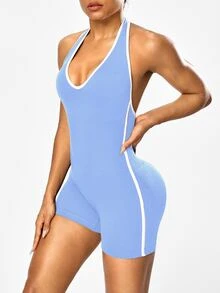Solea Cove Solea Cove Women's Seamless Solid Color Halter Backless Sports Jumpsuit - Baby Blue - View 4