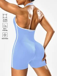 Solea Cove Solea Cove Women's Seamless Solid Color Halter Backless Sports Jumpsuit - Baby Blue - View 6
