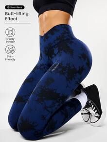 Solea Cove Solea Cove Seamless High Elasticity Yoga Exercise Sports Criss-Cross Waist Sandwashed Sports Leggings - Navy Blue - View 4