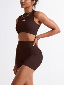 Solea Cove Solea Cove Coffee Letter Print Tank Top And Shorts Yoga Outfit Workout Women Set - Coffee Brown - View 7