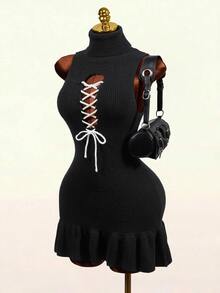 Mistrie Gaun Mini Bodycon Rajut Bergaris Tanpa Lengan Leher Tinggi dengan Detail Renda Hitam Putih Kontras, Bagian Dada Berlubang, dan Hem Berumbai, Cocok untuk Halloween, Klub, dan Musim Panas. - Hitam - View 7